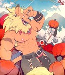 armpit_hair beard blonde_hair blue_eyes body_hair bulge clothed clothing duo ear_piercing facial_hair food fruit hair jockstrap male mane muscular nipples piercing plant pumpkin scar serratus smile topless underwear eddy_dusty bandai_namco digimon digimon_(species) leomon weregarurumon absurd_res hi_res