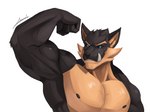 abs anthro biceps black_body black_fur black_sclera blue_eyes fur hair male muscular muscular_anthro muscular_male nipples pecs simple_background smile solo tusks white_background adrovmike biceptember canid canine canis mammal wolf absurd_res digital_media_(artwork) hi_res