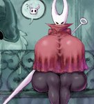 anthro black_legs breasts clothing curvy_figure dress duo female feral horn melee_weapon non-mammal_breasts question_mark red_clothing red_dress sitting sword sword_on_back voluptuous weapon white_head 2b-ge hollow_knight team_cherry hornet_(hollow_knight) the_knight_(hollow_knight) the_last_stag_(hollow_knight) arthropod vessel_(species) digital_media_(artwork) stepsibling_(lore)