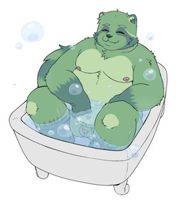 anthro balls bath bathtub bent_arm bent_legs bubble claws eyes_closed foreskin fur genitals glans green_body green_fur humanoid_genitalia humanoid_penis male micropenis mouth_closed navel nipples nude overweight overweight_anthro overweight_male penis sitting small_penis solo teeth water haruk000 fred_(fredrick_brennan) mammal procyonid raccoon digital_media_(artwork) hi_res