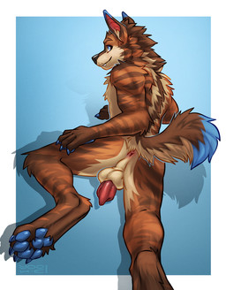 animal_genitalia animal_penis anthro anus balls black_nose blue_claws blue_eyes blue_pawpads brown_body brown_fur canine_genitalia canine_penis claws fangs finger_claws fur genitals glistening glistening_eyes looking_at_viewer male male_anthro mouth_closed nude orange_body orange_fur pawpads penis penis_backwards perineum rear_view red_penis simple_background solo striped_arms striped_legs tan_balls tan_body tan_fur tan_perineum teeth white_background yookie canid canine mammal hi_res