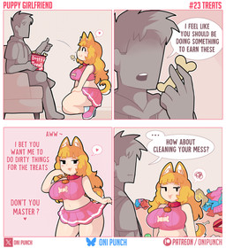 bdsm big_breasts bone bottomwear breasts clothing collar crouching dialogue duo ellipsis eyelashes faceless_character faceless_human faceless_male female huge_breasts male master midriff miniskirt navel petplay pink_bottomwear pink_clothing pink_skirt roleplay sitting skirt tail text thick_thighs onigiri_punch animal_humanoid canid canid_humanoid canine canine_humanoid dog_humanoid human humanoid mammal mammal_humanoid absurd_res comic english_text hi_res