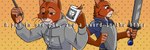 abstract_background anthro armor banner beverage bookabashka clothing coffee domestic_cat duo felid feline felis holding_melee_weapon holding_object holding_sword holding_weapon hoodie male mammal melee_weapon sword topwear weapon