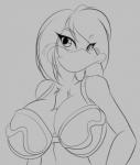 anthro beak big_breasts bikini breasts cleavage clothed clothing female hair huge_breasts non-mammal_breasts solo swimwear two-piece_swimsuit mastergodai knuckle_up! jupiter_(mastergodai) anatid anseriform avian bird duck 2015 hi_res monochrome