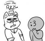 :3 anthro awkward blush bodily_fluids clothing dialogue duo faceless_character faceless_male hat headgear headwear humor male simple_background speech_bubble sweat text text_on_clothing text_on_hat text_on_headwear white_background glamburger-tm undertale undertale_(series) anon burgerpants domestic_cat felid feline felis mammal 2015 english_text low_res monochrome