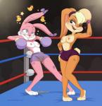 anthro babs_bunny blonde_hair bodily_fluids bow_(feature) bow_accessory boxing boxing_gloves breasts bruised butt clothed clothing crowd digital_media_(artwork) dizzy duo_focus ear_bow female female/female fur genital_fluids gloves group hair handwear hi_res lagomorph leporid lola_bunny looney_tunes mammal merunyaa navel nipples open_mouth open_smile peeing pink_body pink_fur public punch_drunk rabbit raised_arm seeing_ducks smile spiral_eyes sport standing tiny_toon_adventures topless urine warner_brothers watersports wetting yellow_urine