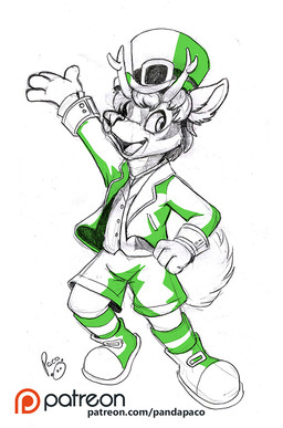 anthro bottomwear clothed clothing footwear glistening glistening_eyes hair hand_on_hip hat headgear headwear logo looking_at_viewer male male_anthro open_clothing open_mouth open_smile open_topwear patreon_logo shoes short_hair shorts simple_background smile solo standing text topwear pandapaco patreon deer mammal artist_logo partially_colored signature sketch url