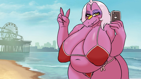alternate_costume amusement_ride anthro beach belly big_belly big_breasts bikini breasts cellphone city cityscape clothed clothed_anthro clothed_female clothing cosplay day electronics female ferris_wheel front_view gesture grey_hair hair half-closed_eyes hand_gesture holding_cellphone holding_object holding_phone holding_smartphone huge_breasts long_hair looking_at_viewer mature_anthro mature_female narrowed_eyes navel nipple_outline non-mammal_breasts non-mammal_navel outside overweight overweight_anthro overweight_female phone pink_body pose pregnant pregnant_anthro pregnant_female purple_body red_bikini red_clothing red_swimwear seductive smartphone smile solo standing swimwear two-piece_swimsuit v_sign water yellow_eyes hyuvevo goodbye_volcano_high grand_theft_auto grand_theft_auto_v ko_op_(game_developer) rockstar_games mrs._roberts_(gvh) ceratosaurid ceratosaurus dinosaur prehistoric_species reptile saurischian scalie theropod 16:9 colored half-length_portrait portrait shaded widescreen