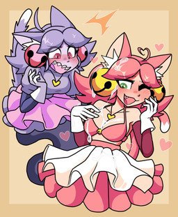 ahoge blush blush_lines bodily_fluids bottomwear bra breasts clothing cum cum_on_body cum_on_bra cum_on_chest cum_on_clothing disgust duo ears_back female female/female genital_fluids gloves hair handwear happy heart_ahoge heart_symbol nipples pink_hair pivoted_ears purple_hair shirtless shirtless_female skirt tail underwear upset emote-o irritable_ghost_(deltarune) mad_mew_mew mew_mew_(undertale) pink_(deltarune) animal_humanoid felid felid_humanoid feline feline_humanoid ghost humanoid mammal mammal_humanoid spirit hi_res