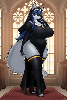 anthro big_breasts blue_hair boots breasts clothing eyebrows eyelashes feet female fingerless_gloves footwear fur gloves grey_body grey_fur hair handwear high_heeled_boots high_heels huge_breasts inner_ear_fluff jewelry legwear long_hair necklace nun nun_outfit orange_eyes shoes solo thick_thighs thigh_boots thigh_highs tuft wide_hips blazbaros canid canine canis mammal 2025 2:3 hi_res