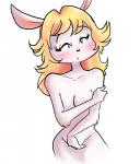 anthro blonde_hair blush breasts convenient_censorship embarrassed female fur hair long_ears long_hair looking_at_viewer nude :o pink_nose purple_eyes simple_background solo standing toony white_background white_body white_fur mosca_juanin pichigani abril_hime lagomorph leporid mammal rabbit hi_res