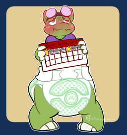 ambiguous_gender anthro big_diaper blush blush_lines claws clean_diaper clothed clothing diaper embarrassed eyewear eyewear_on_head finger_claws front_view goggles goggles_on_head green_body green_spots holding_object narrowed_eyes potty_chart purple_clothing purple_shirt purple_topwear shirt simple_background solo spots spotted_face standing text toe_claws topwear twitter_handle wavy_mouth wearing_diaper white_claws white_finger_claws white_toe_claws yellow_background flimsy_rivers nintendo pokemon shochu_(gao) bulbasaur generation_1_pokemon pokemon_(species) alpha_channel english_text full-length_portrait portrait