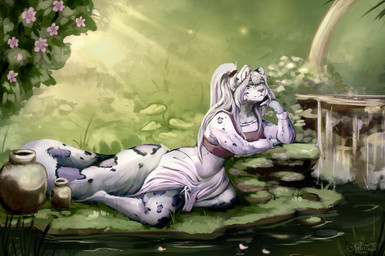 anthro blue_eyes clothed clothing female fur garden grey_body grey_fur lying on_side pink_nose pond purple_spots solo spots vase waterfall whiskers tsunekitsune felid mammal pantherine snow_leopard