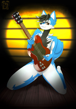 amber_eyes anthro black_body black_fur blue_body blue_fur electric_guitar fur guitar male musical_instrument playing_music plucked_string_instrument pose solo stage string_instrument white_body white_fur moonfluffmf canid canine canis domestic_dog mammal shiba_inu spitz hi_res