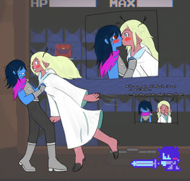 8-bit anthro antlers armor blonde_hair blue_eyes blush bodily_fluids breastplate clothing duo female freckles gameplay_mechanics gui hair health_bar hooded_robe hooves horn kissing long_hair male male/female melee_weapon red_eyes robe short_hair sweat sword weapon white_clothing white_robe haruanonalex deltarune undertale_(series) kris_dreemurr noelle_holiday deer human mammal new_world_deer reindeer hi_res