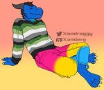 4_toes 5_fingers anthro aromantic_pride_colors barefoot blue_body bottomwear brown_hair claws clothing digitigrade eyes_closed facial_spikes feet fingers grey_horn hair horn jaw_spikes leaning leaning_backward lgbt_pride male multicolored_body multicolored_clothing pansexual_pride_colors pants paws pride_color_bottomwear pride_color_clothing pride_color_topwear pride_colors shirt simple_background sitting smile solo spikes spikes_(anatomy) toes topwear two_tone_body white_claws xanderg_(artist) mythology xanderg dragon mythological_creature mythological_scalie scalie 2021