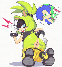 angry anthro blue_body blue_eyes blue_fur blush bottomwear bracelet butt clothing ear_piercing female forked_tail fur gesture gloves green_body green_eyes green_fur hand_gesture hand_on_butt handwear jewelry male middle_finger one_eye_closed open_mouth pants piercing sharp_teeth short_tail tail teeth unusual_anatomy unusual_tail white_clothing white_gloves white_handwear wink yellow_bottomwear yellow_clothing yellow_pants inkerton-kun idw_publishing sega sonic_the_hedgehog_(comics) sonic_the_hedgehog_(idw) sonic_the_hedgehog_(series) sonic_the_hedgehog surge_the_tenrec afrosoricid eulipotyphlan hedgehog mammal tenrec hi_res