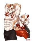 anthro bulge clothed clothing fur hair horn long_hair male muscular muscular_anthro muscular_male red_hair red_horn red_tail solo tail tan_body tan_fur topless topless_anthro topless_male white_body white_fur white_hair yellow_eyes chuurow arknights hypergryph studio_montagne hung_(arknights) canid canine canis domestic_dog mammal hi_res