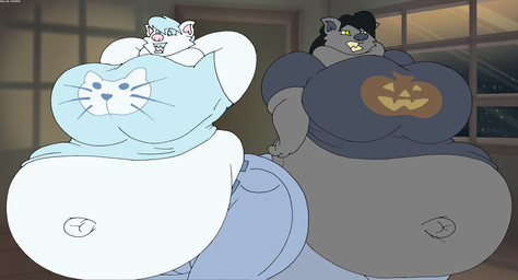 anthro belly big_belly big_breasts black_hair bottomwear breasts clothing denim denim_bottomwear denim_clothing duo female fur green_eyes grey_body grey_fur hair hands_behind_head huge_belly huge_breasts hyper hyper_belly hyper_pregnancy jeans navel obese obese_anthro obese_female open_mouth outie_navel overweight overweight_anthro overweight_female pants pregnant pregnant_anthro pregnant_female shirt teal_eyes teal_hair teeth thick_thighs topwear white_body white_fur window virus-20 midnight_(virus-20) mittens_(virus-20) domestic_cat felid feline felis mammal 2024 digital_media_(artwork) hi_res