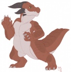 anthro biped brown_body claws green_eyes hairless horn male nude paws simple_background solo standing tail white_background patto mythology xhyra dragon mythological_creature mythological_scalie scalie