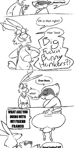 anthro big_breasts breasts clothed clothed_female clothed_male clothing dialogue feathered_wings feathers female flashing flashing_breasts flying fur group halo huge_breasts hyper hyper_breasts larger_female male nipples rabbit_ears size_difference speech_bubble talking_to_another toony trio wings the_weaver angel_hare the_east_patch angel_maddy francis_(angel_hare) angel badger hare lagomorph leporid mammal mustelid musteline 2024 comic hi_res monochrome