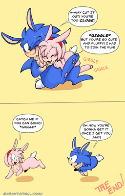 3_toes accessory after_transformation anatomically_inaccurate anatomically_inaccurate_pawpads anthro blue_body blue_fur blush blush_lines chest_tuft dialogue duo feet female fur green_eyes hair_accessory hairband male nuzzling pawpads paws pink_body pink_fur pink_pawpads quills_(anatomy) soles speech_bubble tan_chest tan_hands tan_inner_ear tan_paws text toes tuft arantarisu_yamu sega sonic_the_hedgehog_(series) amy_rose sonic_the_hedgehog eulipotyphlan hedgehog lagomorph leporid mammal rabbit comic english_text hi_res
