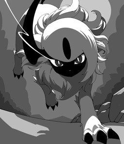 ambiguous_gender black_body claws feral glowing glowing_eyes ominous outside pupils slit_pupils solo white_body noye nintendo pokemon absol generation_3_pokemon pokemon_(species) 2025 hi_res monochrome