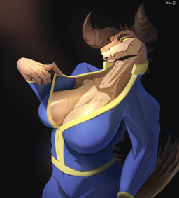 anthro big_breasts blue_clothing breasts clothing clothing_pull female solo tukeso1 fallout microsoft deathclaw scalie absurd_res hi_res
