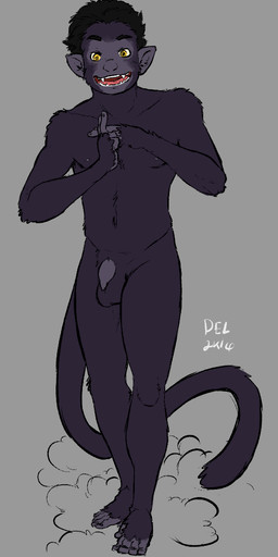 anthro biped black_body black_fur excited feet flaccid foreskin front_view fur genitals gesture grey_background humanoid_genitalia humanoid_penis levitating long_foreskin looking_at_viewer male navel nipples nude open_mouth penis prehensile_feet simple_background smile solo standing toes unretracted_foreskin delicatessen haplorhine mammal monkey primate 2016 full-length_portrait portrait signature