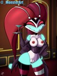 3:4 absurd_res breasts demon demon_humanoid detailed_background female genitals hazbin_hotel helluva_boss hi_res humanoid kitty_(hazbin_hotel) monsterart nipples nude open_mouth open_smile pussy red_eyes robo_fizzarolli smile teeth thick_thighs
