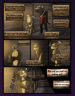 against_surface against_wall anthro bodily_fluids bottomwear brown_body brown_fur claws clothed clothing cough crying dialogue duo fangs finger_claws fingers fur gloves_(marking) green_eyes hooves horn inner_ear_fluff inside leg_markings loincloth loincloth_only male markings neck_grab onomatopoeia open_mouth sabertooth_(anatomy) scared shaking shivering size_difference small_tail small_waist socks_(marking) sound_effects spots spotted_body spotted_fur strangling tail tan_body tan_fur tears teeth text text_box topless tuft violence weapon familiar_nobody rhan_(familiar_nobody) bovid bovine cattle felid mammal prehistoric_species saber-toothed_tiger absurd_res comic digital_media_(artwork) english_text hi_res shaded