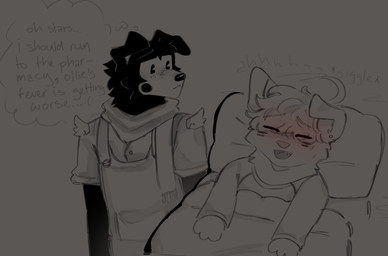 ahoge anthro bed bedding black_body black_fur blanket blush blushing_profusely bodily_fluids cheek_stripes clothing dreaming_about_sex drooling duo ear_piercing floppy_ears freckled_face freckles fur furniture giggling good_boy hair male male/male markings mole_(marking) naive name_drop one_ear_up overalls pie_cut_eyes piercing pillow saliva scarf shirt sleep_talking sleeping text thought_bubble topwear undershirt vest worried cerberussenn lee_sweeto_(cerberussenn) oliver_kang_(cerberussenn) border_collie canid canine canis collie domestic_dog herding_dog mammal pastoral_dog sheepdog wolf english_text monochrome