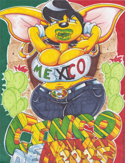 anthro belt big_breasts black_hair bottomwear breasts brown_eyes cactus clothing crop_top ear_piercing ear_ring female fur green_lips hair hands_behind_head holidays huge_breasts lips navel pants piercing plant ring_piercing shirt solo text thick_thighs topwear wide_hips yellow_body yellow_fur virus-20 cinco_de_mayo sabana_(virus-20) canid canine canis chihuahua domestic_dog mammal toy_dog 2025 english_text hi_res spanish_text traditional_media_(artwork)