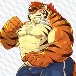 anthro barazoku blush bottomwear bulge butt clothing humanoid_hands kemono male muscular muscular_anthro muscular_male nipples pants scar solo raichoclub felid mammal pantherine tiger 1:1 2020