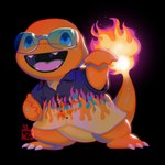 ambiguous_gender black_background blue_eyes cosplay eyewear fangs fire flaming_tail humor impersonation joke open_mouth orange_body orange_scales parody scales simple_background solo sunglasses tail teeth aquiboni nintendo pokemon guy_fieri charmander generation_1_pokemon pokemon_(species) 1:1 hi_res