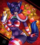 anthro blue_body blue_eyes blue_fur blue_hair breasts claws clothed clothing container cookie cup detailed_background ear_piercing female fluffy fluffy_tail food fur hair holding_object milk multicolored_body multicolored_fur multicolored_hair partially_clothed piercing purple_body purple_fur purple_hair smile solo tail two_tone_body two_tone_fur two_tone_hair ariveil ellie_blue canid canine mammal absurd_res hi_res