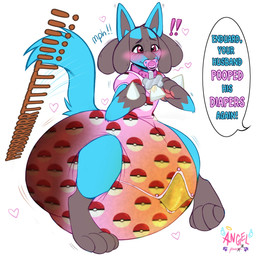 anthro arms_bent big_diaper black_body black_fur black_inner_ear blue_body blue_fur blue_tail blush blush_lines bodily_fluids bone_collar_tag chest_spike clothed clothing collar collar_tag dialogue diaper diaper_fetish diaper_under_clothing diaper_under_onesie digitigrade exclamation_point feces fluffy fluffy_tail fur genital_fluids halo heart_symbol huge_diaper logo male multicolored_body multicolored_fur object_in_mouth offscreen_character onesie pacifier pacifier_in_mouth pawpads pink_collar pink_pacifier pink_pawpads pokeball pokeball_clothing pooping simple_background soiled_diaper soiling soiling_diaper solo sound_effects speech_bubble spikes spikes_(anatomy) standing tail tail_motion tailwag text unclean_diaper urine used_diaper vowelless vowelless_sound_effect vowelless_vocalization wearing_diaper wet_diaper wetting wetting_diaper white_background wings yellow_body yellow_fur lazerpawz nintendo pokemon generation_4_pokemon lucario pokemon_(species) 2025 artist_logo artist_name english_text full-length_portrait hi_res portrait signature