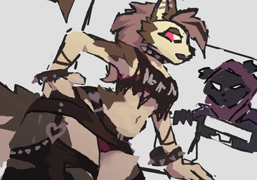 alternative_fashion anthro black_body clothed clothing duo female fluffy fluffy_tail fur grey_body grey_fur heart_symbol midriff multicolored_body multicolored_fur panties piercing punk red_clothing red_eyes red_panties red_underwear tail thick_thighs torn_clothing underwear upskirt white_body white_fur doom_pidgeon epic_games fortnite hellaverse helluva_boss loona_(helluva_boss) raven_team_leader bear canid canine mammal hi_res
