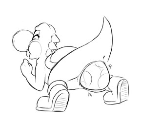anus bent_over clitoris clothing egg eyes_closed female footwear genitals oviposition raised_tail rear_view shell shoes simple_background solo spikes spikes_(anatomy) standing tail vulva white_background darkmirage mario_bros nintendo scalie yoshi 2013 digital_drawing_(artwork) digital_media_(artwork) monochrome sketch
