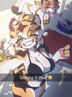 anthro big_breasts bikini blush breasts claws cleavage clothed clothed_anthro clothed_female clothing duo fangs female female_anthro finger_claws fur hair half-closed_eyes kemono looking_at_viewer narrowed_eyes pawpads selfie smug swimwear tail teeth text two-piece_swimsuit kloe_mone kloe_(kloe_mone) felid mammal mustelid musteline pantherine stoat tiger true_musteline weasel 2026 digital_media_(artwork) english_text hi_res