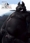 2022 absurd_res anthro balls belly big_belly biped black_body black_nose blue_eyes bodily_fluids canid canine canis domestic_dog english_text erection genital_fluids genitals hi_res humanoid_genitalia humanoid_hands humanoid_penis male mammal moobs navel nipples overweight overweight_male penis precum solo text wolver_mustang