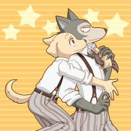 anthro anthro_on_anthro black_nose bottomwear claws clothed clothing duo fully_clothed fur grey_body grey_fur hug hugging_another hugging_from_behind looking_at_another male male/male pants pattern_background shirt simple_background smile striped_background tan_body tan_fur topwear yellow_background walnut_(pixiv) beastars jack_(beastars) legoshi_(beastars) bird_dog canid canine canis domestic_dog hunting_dog labrador mammal retriever wolf 1:1