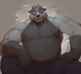 anthro belt biceps black_body black_fur black_nose brown_eyes clothed clothing fur humanoid_hands male muscular muscular_male navel nipples solo topless topless_anthro topless_male inuwoo echo_(series) echo_project the_smoke_room nikolai_krol badger european_badger mammal meles mustelid musteline 2022 absurd_res hi_res