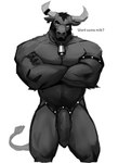 2022 accessory anthro armband balls beard bell bell_necklace belly biceps big_pecs big_penis bovid bovine cattle cock_ring crossed_arms dopq english_text facial_hair flaccid foreskin furgonomics genitals greyscale hi_res horn horn_accessory hornband huge_penis jewelry looking_at_viewer male mammal manly monochrome muscular_legs nude pecs penis penis_accessory penis_jewelry pubes question simple_background solo straps text triceps vein veiny_penis white_background