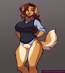 anthro big_breasts bottomless breasts clothed clothing countershading female genitals hair long_hair mature_anthro mature_female pussy simple_background smile solo tan_body tan_countershading text inu-sama rhoda_(the_dogsmith) bird_dog canid canine canis domestic_dog golden_retriever hunting_dog mammal retriever 2020 absurd_res digital_media_(artwork) hi_res portrait shaded three-quarter_portrait url