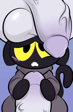 ambiguous_gender anthro balls balls_on_face balls_on_head big_balls big_penis black_body black_fur blue_background blush bodily_fluids cloak clothing disembodied_penis fangs featureless_hands fur genitals glans glistening glistening_balls glistening_genitalia grey_cloak grey_clothing group half-closed_eyes hand_on_penis huge_balls huge_penis looking_up male male/ambiguous masturbation motion_lines narrowed_eyes open_mouth penis simple_background size_difference sweat teeth trio vein white_body yellow_sclera ekkokenight google google_doodle magic_cat_academy momo_(google) domestic_cat felid feline felis ghost mammal spirit 2022 digital_media_(artwork) hi_res shaded
