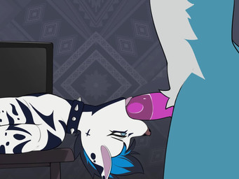 alternative_fashion anthro blue_eyes blue_hair collar dark_hair duo electronics genitals hair inside lying male male/male on_back oral oral_penetration penetration penis punk spiked_collar spikes television moonfluffmf canid canine canis dalmatian domestic_dog mammal sergal animated short_playtime video
