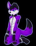 anthro belly black_hair black_paws blue_eyes bound chain chained collar cuffs_(clothing) floppy_ears footprint fur hair kneeling male markings pawprint pawprint_(marking) purple_body purple_fur solo white_belly lady-tragedy pawalo canid canine canis domestic_dog elkhound mammal spitz hi_res