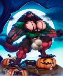 abs alternate_form anthro bald_tree biceps big_pecs black_bottomwear black_clothing black_pants black_sclera bodily_fluids bottomwear bulge claws clothing cloud cum cum_in_object cum_in_pumpkin digitigrade finger_claws food fruit full_moon fur genital_fluids gloves_(marking) green_clothing green_eyes green_shirt green_topwear holidays huge_pecs leg_markings male mane markings moon multicolored_body multicolored_fur muscular muscular_arms muscular_calves muscular_legs neck_tuft night nipples pants pecs penetrating_pumpkin plant precum precum_through_clothing pumpkin purple_body purple_fur quads red_body red_fur shirt socks_(marking) solo striped_body striped_fur stripes tearing_clothing tearing_own_clothing toe_claws topwear torn_bottomwear torn_clothing torn_pants torn_shirt torn_topwear tree triceps tuft two_tone_body two_tone_fur vein veiny_muscles wet wet_clothing 1397_david halloween mythology tigre_rojo_(character) canid canine mammal mythological_canine mythological_creature werecanid werecanine werecreature werewolf 2022 absurd_res artist_name dated hi_res