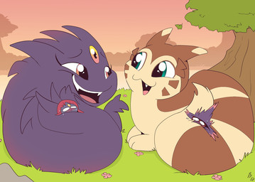 3_eyes anthro biped black_body blush blush_lines bodily_fluids brown_body cute_fangs day eye_contact fangs female feral forehead_gem gem group larger_female larger_feral looking_at_another lying lying_on_ground male multi_eye multicolored_body on_front on_ground open_mouth open_smile outside plant quadruped size_difference smaller_anthro smaller_male smile sweat tail_hold tan_body teeth tongue tree two_tone_body fuf nintendo pokemon furret generation_2_pokemon generation_4_pokemon generation_6_pokemon mega_evolution mega_gengar mismagius pokemon_(species) weavile 2019 hi_res